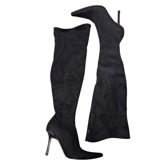 Bebe Black Pointed Over Knee Leather Suede Heeled Boots 7.5 - Picture 1 of 13